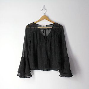 Hollister XS Black Metallic lurex stripes chiffon bell sleeve flowy top blouse